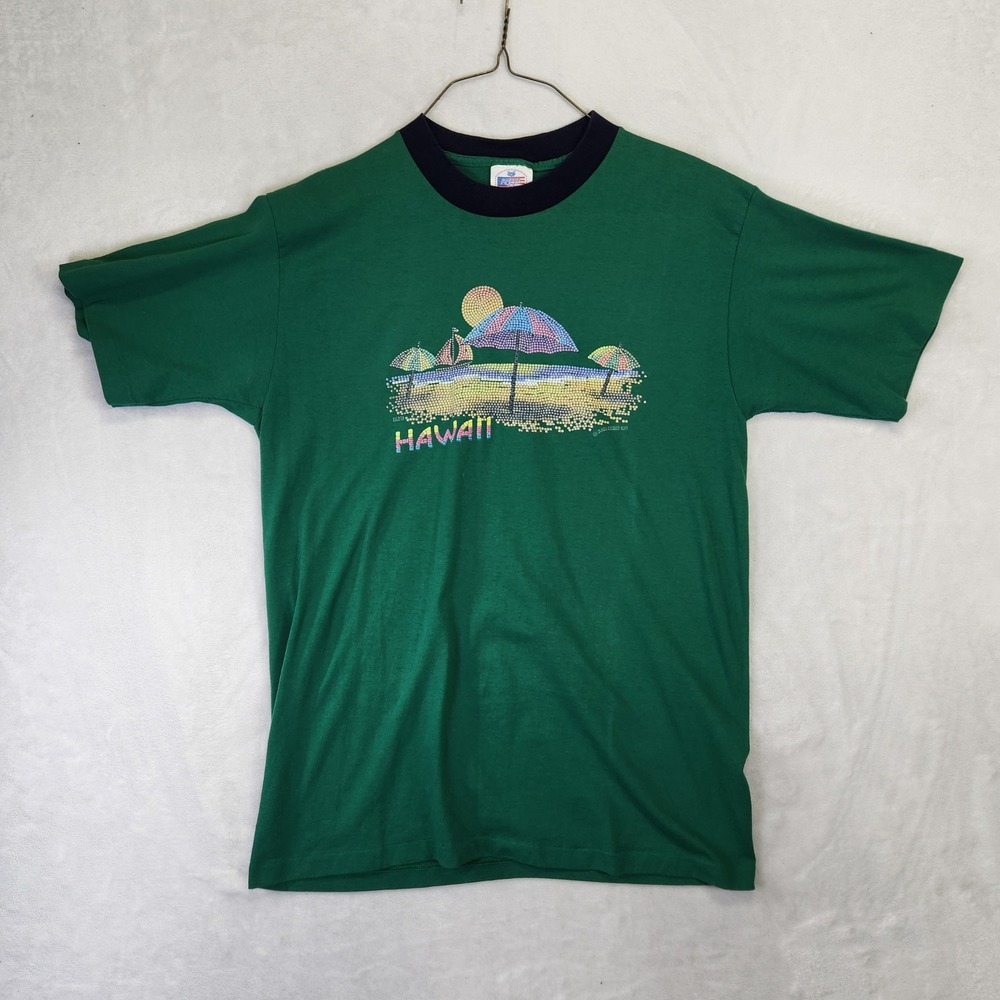 Vintage 1998 Hawaii Ringer T-Shirt Amero T's Single Stitch Green‎ Mens Large